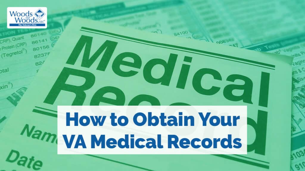 piles of papers with one that says "Medical records" on the top of the messy stack. It's all tinted green and our title is in blue in front: How to obtain your VA medical records.