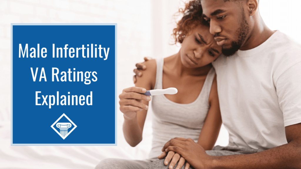 Photo of a couple holding each other looking forlorn. Woman is holding a pregnancy test. Article title is to the left: Male Infertility VA Ratings Explained