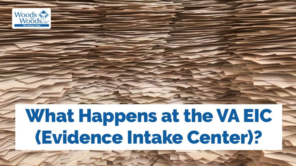 A huge stack of papers in a lot of disorder filling the entire image. Article title is at the bottom "What happens at the VA EIC (Evidence Intake Center)?