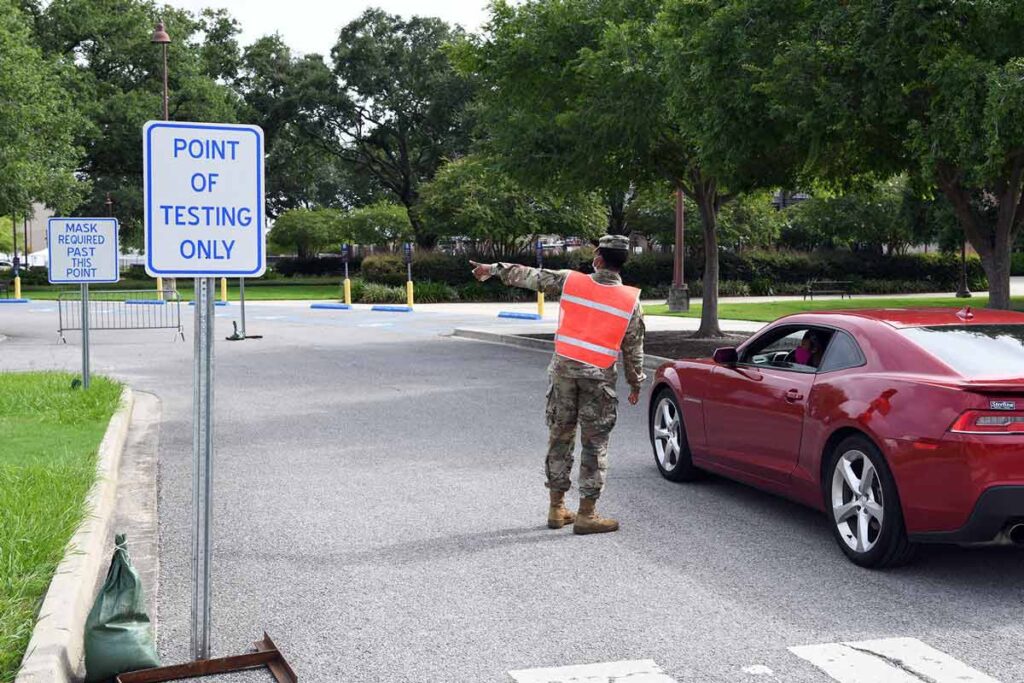 Picture of National Guard troops helping direct traffic for Covid-19 testing in Louisiana