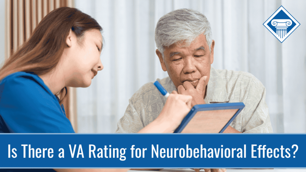 Photo of a nurse wearing blue scrubs holding a clipboard and speaking to an older man. Article title is across the bottom: "Is there a VA rating for neurobehavioral effects?"