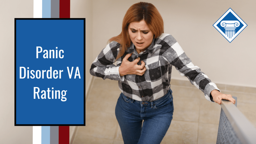 Woman leaning forward, clutching her heart with one hand. Article title on left side: Panic Disorder VA Rating
