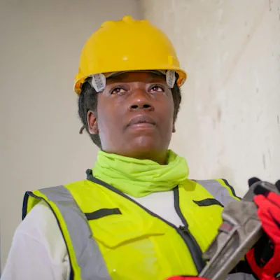 A woman worker wearing a hard hat and high visibility clothing holding a clipboard.