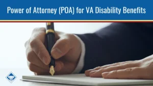 Close up view of a person's hands signing a document. The caption reads: Power of attorney (POA) for VA disability benefits