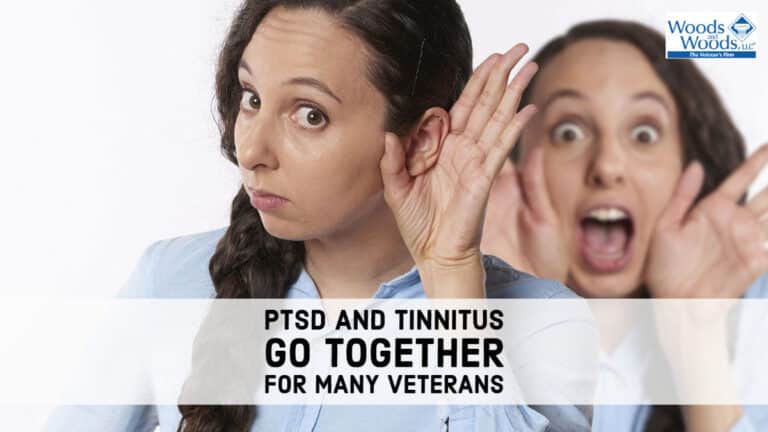 Picture of a woman doubled in the image. One of her is holding her hand on her ear like she can't hear, the other is a copy of her in the background screaming. Our title is out in front: PTSD and Tinnitus Go Together for Many Veterans