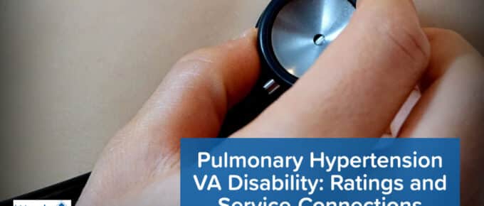 Picture of a doctor holding a stethescope against a person's back to check their breathing. Our title is at the bottom: Pulmonary Hypertension VA Disability: Ratings and Service-connections
