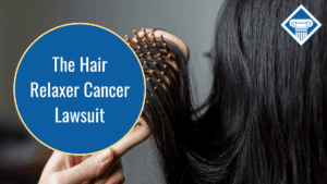 Image of a woman with long, dark, straightened hair that is being brushed with a wooden brush. The title of the article reads, "The Hair Relaxer Cancer Lawsuit" in a blue circle. The Woods & Woods logo is in the top right corner.
