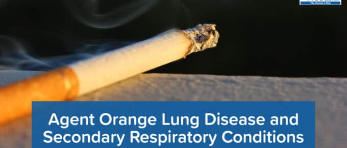 Picture of a burning cigarette sitting on the edge of an ashtray. Our Woods and Woods, The Veterans Firm Logo is in the top right and our title is at the bottom: Agent Orange Lung Disease and Secondary Respiratory Conditions