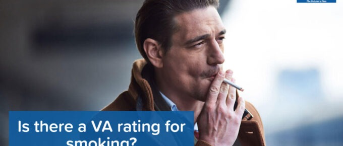 Picture of a man smoking a cigarette. Article title is in the bottom left: Is there a VA rating for smoking? The Woods and Woods logo is in the top right.
