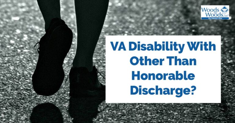 Veteran walking away in a black and white image. Just his shoes are visible with a harsh shadow. Our title is in blue letters on the right side: VA Disability with Other Than Honorable Discharge?