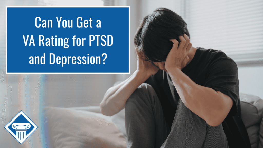 A photo of a man with brown hair and a black shirt and gray pants is sitting on the floor with his elbows on his knees while he looks down and grips his head with his hands. Article title is in the upper lefthand corner: Can you get a va rating for PTSD and depression?