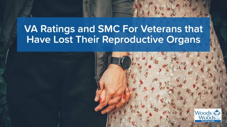 Picture of a man in a jacket and black pants holding hands with a woman in a flowered dress and red fingernail polish. Our title is at the top: VA Ratings and SMC for Veterans That Have Lost Their Reproductive Organs