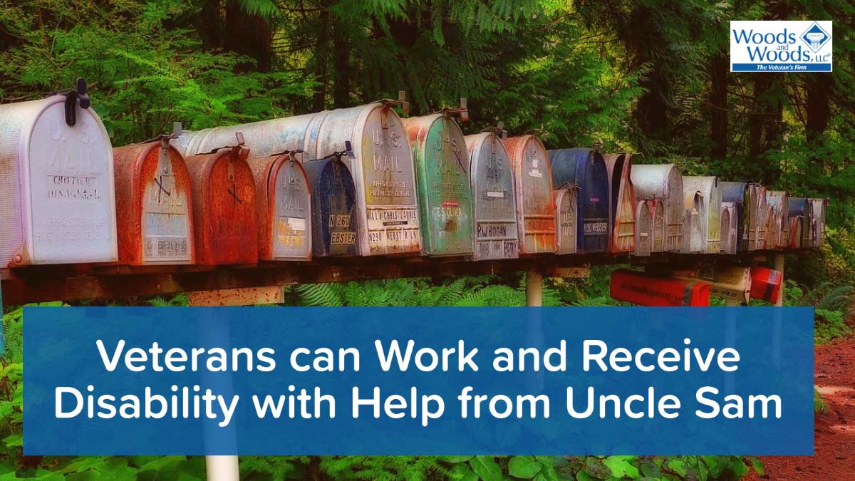 Picture of a row of rural mailboxes, some are rusted and some are spray-painted. Our title is at the bottom: Veterans can Work and Receive Disability with Help from Uncle Sam