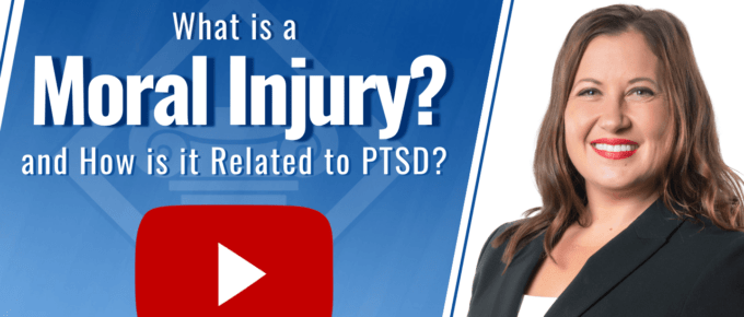 Picture of a lawyer smiling. To the left is the article title: What is moral injury...and how is it related to PTSD? Red Youtube play button below title.